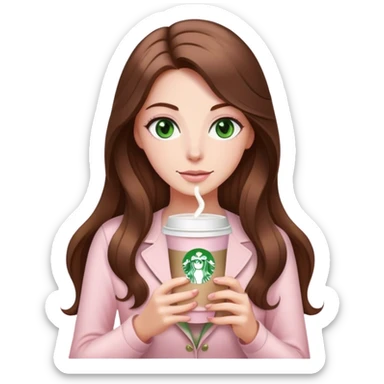 pretty woman with very long brown hair and green eyes and light pink outfit with a latte sticker