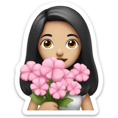 Pale girl with black hair and brown eyes and pink lips carrying a pink flower bouquet and has a friendly face  sticker