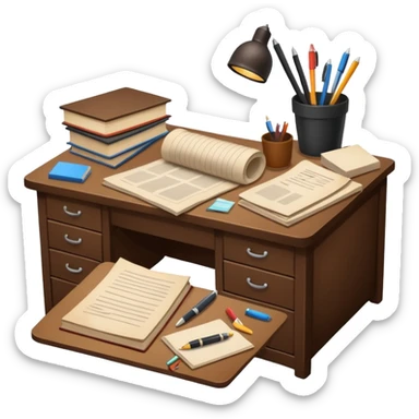 Messy Desk with books and pens sticker