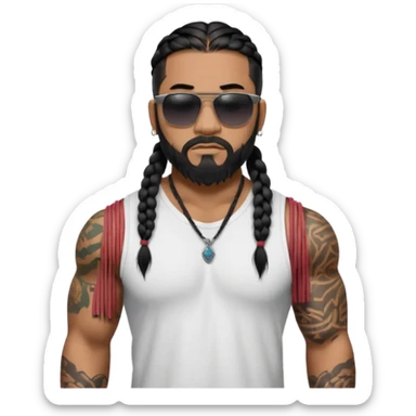 Samoan male. Chin beard only.
Untucked loose fitting white t-shirt. 
long black braided hair.
very muscular.
Even More tattoos. 
Tough and menacing.
Dark black square sunglasses. sticker