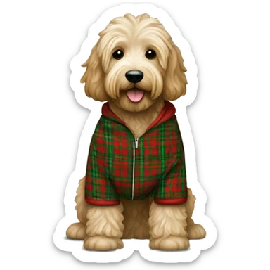 Labradoodle in a white green and red tartan onesie sticker