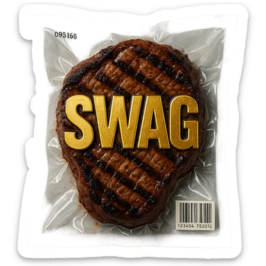 grilled steak with bold gold 'SWAG' letters, glossy vacuum-sealed style sticker