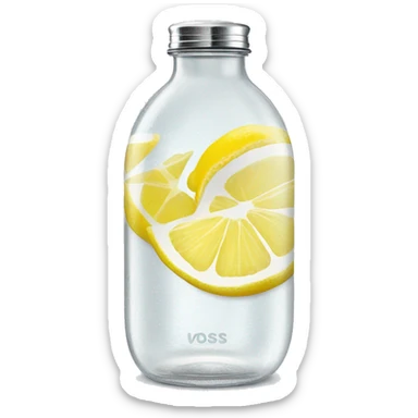 voss branded glass water bottle with lemon slices inside hyperrealistic soft textures and fine details sticker