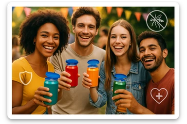 Készíts a következő jellemzőkre a mellékelt fotó felhasználásával a szöveghez illő képet, 1000x600px-es méretűt, fiatalos, dinamikus, megnyerő,változatos, színes, valósághű fotók legyenek!
„Megvéd a külső hatásokkal szemben”
Szennyeződések, darázscsípés (anafilaxiás sokk), „randidrog” esetek számának csökkentése. A „Zárd palackod a külvilág elől” drogprevenciós kezdeményezés fontos eleme. sticker