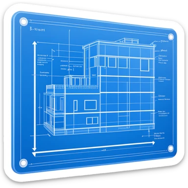 blue blueprint plan with white lines, side view sticker