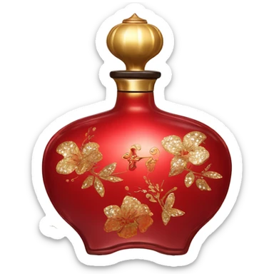 An antique perfume red bottle in oriental style, oil perfumes inside, sequins and flowers flying around sticker