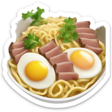 bowl of noodles with eggs and pork beef sticker