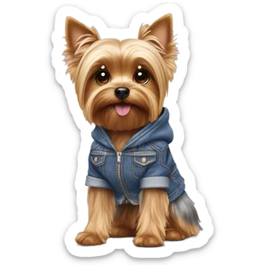 Yorkshire terrier wearing a denim skirt and pink hoodie sticker