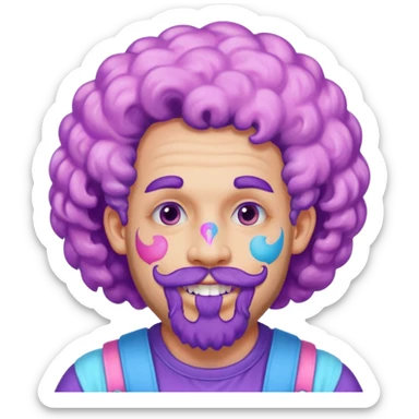 very colorful puffy violet curly haired man just beard  no mustache made out of cotton candy wearing teeth-braces and excessive face tattoos just face  sticker
