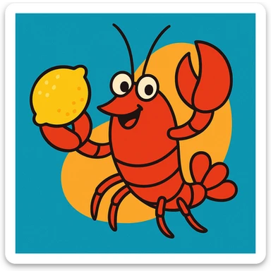 a lobster holding a lemon, cartoon style sticker