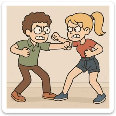 Fighting a boy brown Curly hair circle glasses green Pro polo brown jeans orange shoes and a girl Yellow ponytail hair red shirt high waisted dark blue denim shorts blue shoes sticker