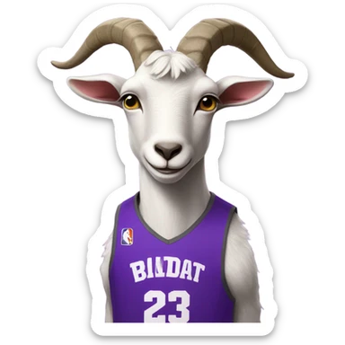 A goat with a purple basketball jersey with the number 23 sticker