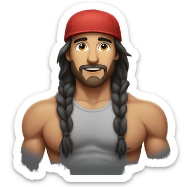 Alex Hormozi with long hair, a cap and a tank top, muscular sticker