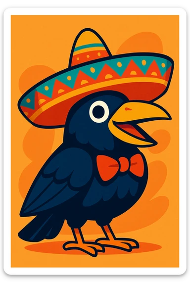 a crow wearing a mariachi hat, vibrant, clear details, festive colors sticker