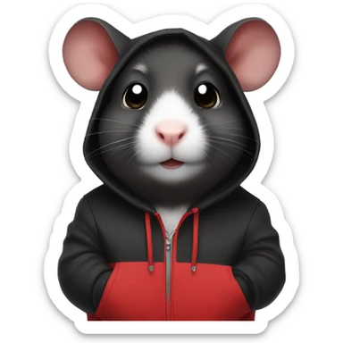 Black hamster wearing a red hoodie sticker