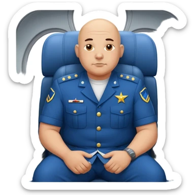 bald a bit fat man in a blue uniform sit on a military plane sticker