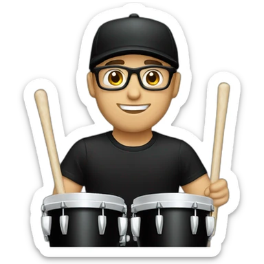 male drummer, caucasian, with a black cap, glasses, and black t-shirt sticker