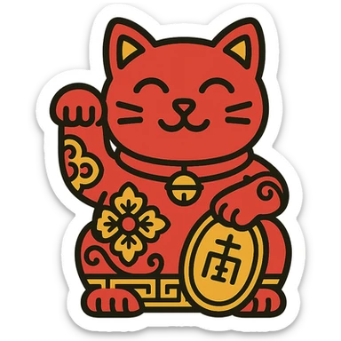 Chinese style lucky cat, waving paw, ornate details, red and gold accents sticker