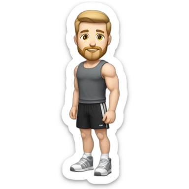 Full height Pale skinned fit man With biceps, light brown hair and very short beard In dark gray sleeveless mike, black oversize sports shorts, watch and white sneakers. sticker