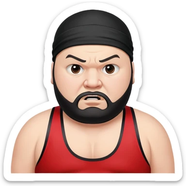 Extreme close-up of face of morbidly obese white skin guy with young face, prominent BLACK DURAG tied clearly on head, black beard but no mustache, clean shaven upper lip, black eyes in a red and black wrestling singlet with angry expression sticker