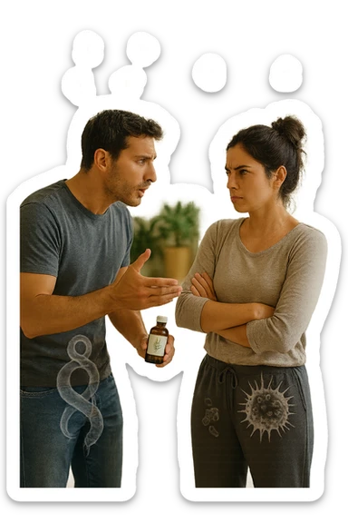 A highly realistic, cinematic photo of a young couple in their early 30s having an argument in a bright modern kitchen. The man, athletic build, wearing a casual T-shirt and jeans, is speaking firmly with a raised hand holding a small amber glass bottle labeled with a subtle herbal symbol, saying 'Andiamo a fare il trattamento antiparassitario' with a determined expression. The woman, with long dark hair tied in a messy bun, casual home outfit, crosses her arms with an angry, defensive expression, replying 'Ti ho detto di no! Io non ci credo!' while slightly turning away. Tension is visible in their body language, with the man leaning forward trying to explain and the woman leaning back, her eyebrows furrowed. Around them, subtle ghostly overlays of microscopic parasites are faintly visible near their abdominal areas, symbolizing the hidden reason for the argument. The kitchen is bright and modern with plants and natural light, contrasting the emotional tension. The style is hyperrealistic with warm tones and shallow depth of field focusing on their facial expressions, illustrating the conflict between belief in natural treatments and skepticism within the couple regarding hidden parasitic infections. in italiano sticker