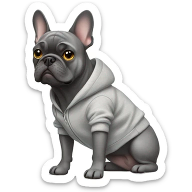 Gray Frenchbulldog wearing a sweatshirt sticker