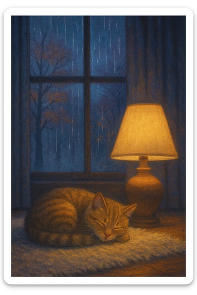 cat curled up on a soft rug near a glowing lamp, with a window in the background showing rain and autumn trees in cool tones sticker