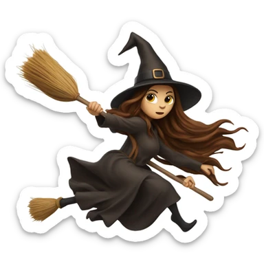 brown long hair witch flying on a broom white skin sticker