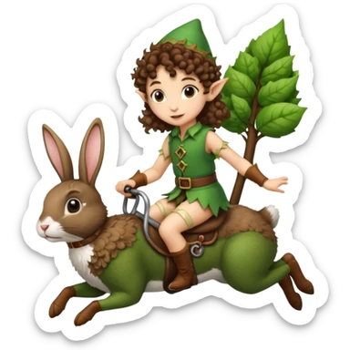 tiny forest elf short tight curly brown hair riding rabbit sticker