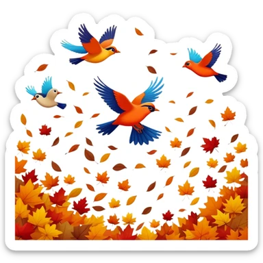 birds flying away in autumn with colorful fall leaves, simple and expressive sticker