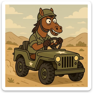 brown horse with an army vibe, cartoon style, riding in a military jeep sticker