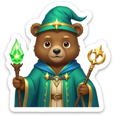 A young bear wizard with a glowing green spell, golden staff and starry blue robes sticker