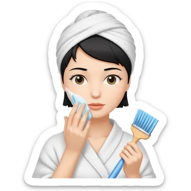 a white woman who has black short hair cleaning her face sticker