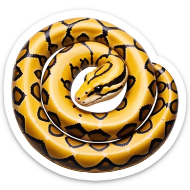 A photo-realistic top-down view of a Ball Python gently coiled into a tight spiral, with its head resting peacefully at the center. Its scales are warm brown with bold, irregular black markings, including the distinctive “alien-head” pattern, flowing smoothly along its body.  sticker