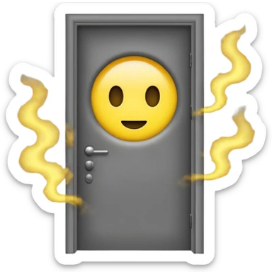 Minimalist emoji-style sticker of a half-open door, with smoke and a single glowing eye visible in the dark inside. Flat design, desaturated colors.
 sticker