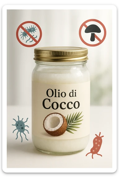 vertical realistic and cinematic illustration of a jar of coconut oil with Italian label 'Olio di Cocco'. Include visual symbols representing anti-dysbiotic and antifungal properties, such as bacteria and fungi crossed out or defeated. Bright atmosphere, no other text, vertical 2:3 aspect ratio. sticker