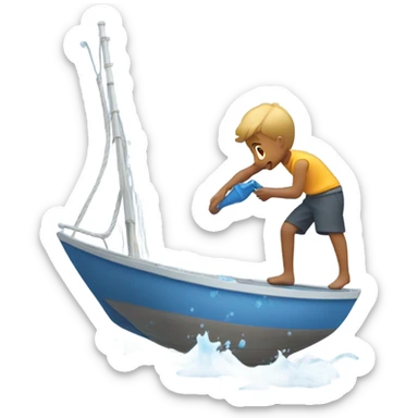 boy pouring water from a hose onto a sailboat sticker