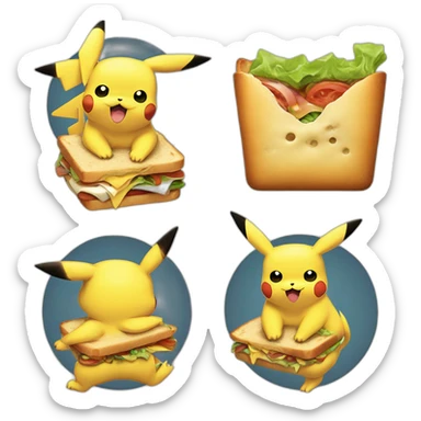 Pikachu qui mange un sandwich avec la tête de son Goku sticker