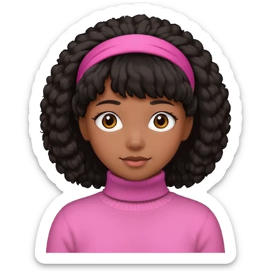 black fluffy haired girl with pink turtleneck sweater and hair band sticker