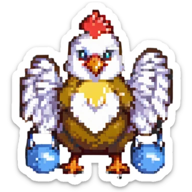 a chicken lifting tiny dumbbells, pixel art style sticker