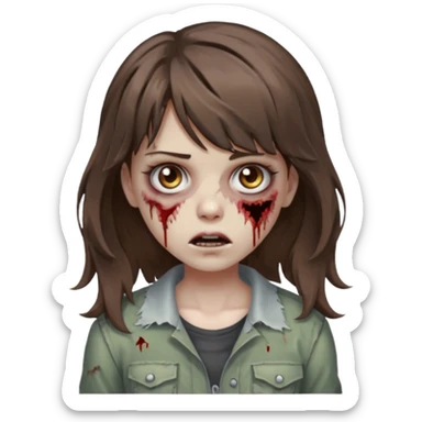 Uma menina zombie com um cabelo ondulado médio, com a franja pro lado esquerdo, o cabelo com cor castanho  sticker