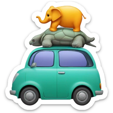 Une voiture avec un éléphant sur le capot, une tortue sur le toit , un lièvre dans le coffre et une souris qui conduit. La voiture sera de couleur violet,jaune,bleu,vert et orange sticker