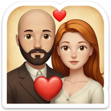 Couple. Bald man with dark brown-black beard. White woman with many small, faded freckles, white skin and she has auburn-yellow-brown-caramel, dark hair. She has light orange-brown eyes. The man have hazel eyes. They are inside one big heart. Retro style. sticker