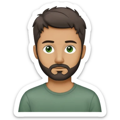 man with dark messy short hair, dark green eyes, gray T-shirt, and short beard sticker