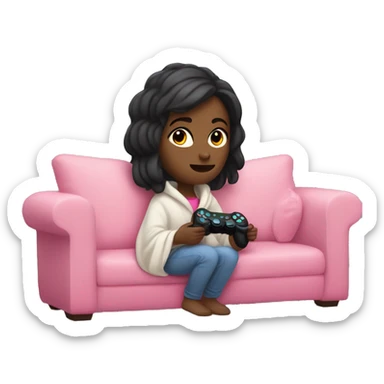 White girl with dark hair wrapped up in a blanket sitting on a couch with a pink gaming controller in her hands sticker