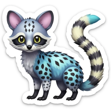 Rare iridescent white exotic epic aesthetic colorful Trico-Genet-Civet-species-Fakemon-hybrid-creature, with intricate markings, full body sticker