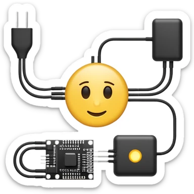 simple emoji-style schematic of physical computing with a microcontroller chip at the center connected by lines to a sensor, an LED, and a small motor in a logical circuit layout, clean and minimal sticker