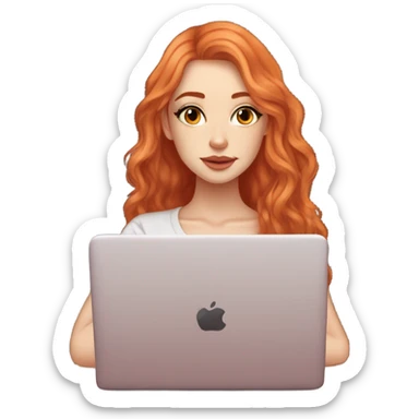 Long wavy red orange hair orange brown eyes beautiful face thick eyelashes pink lips gorgeous skinny fair skin white aesthetic tall girl working on laptop cozy sticker