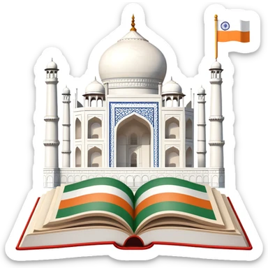 An icon featuring the Taj Mahal and the flag of India, symbolizing the Hindi language. The design includes an open book with hindi text, representing language learning and cultural richness. Transparent background highlights the heritage of India. sticker