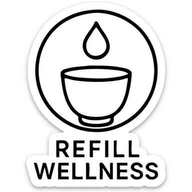 minimal black and white logo for 'Refill Wellness', circular motif, droplet or cup being refilled, evoking calm and renewal, simple and modern sticker